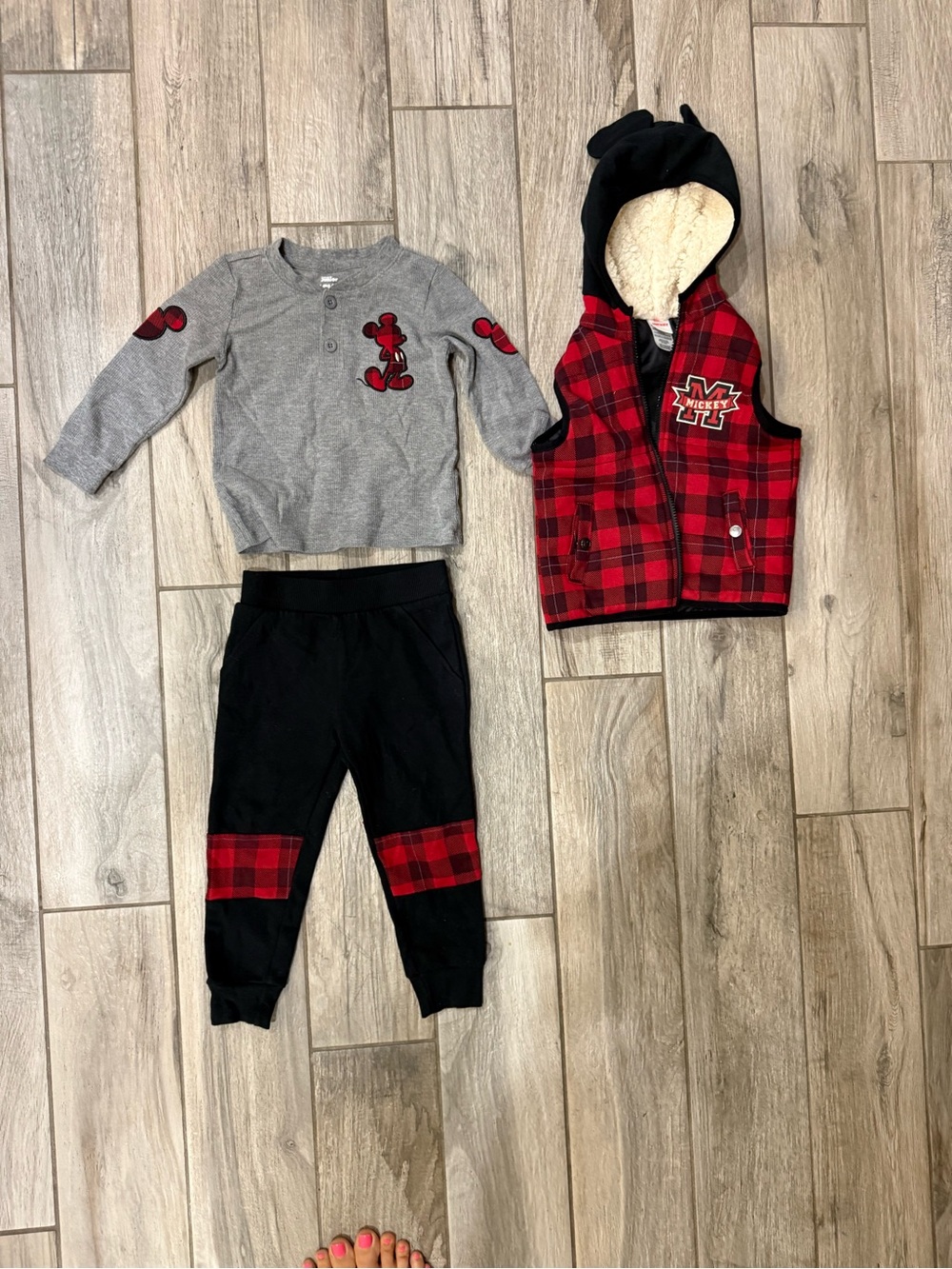 Disney Mickey Kids 3-Piece Red Black Gray Plaid Matching Set